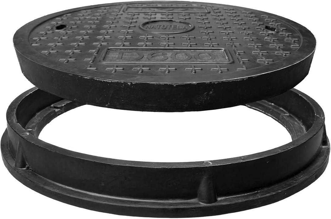 24in Round Manhole Cover and Frame, Fiberglass Recessed Solid Top Cover Lid,22in Clear Opening,Septic Tank Cover and Base for yard,Non-slip Reinforced Sewage Basin Cover,Overall Size 27.2in (Black)