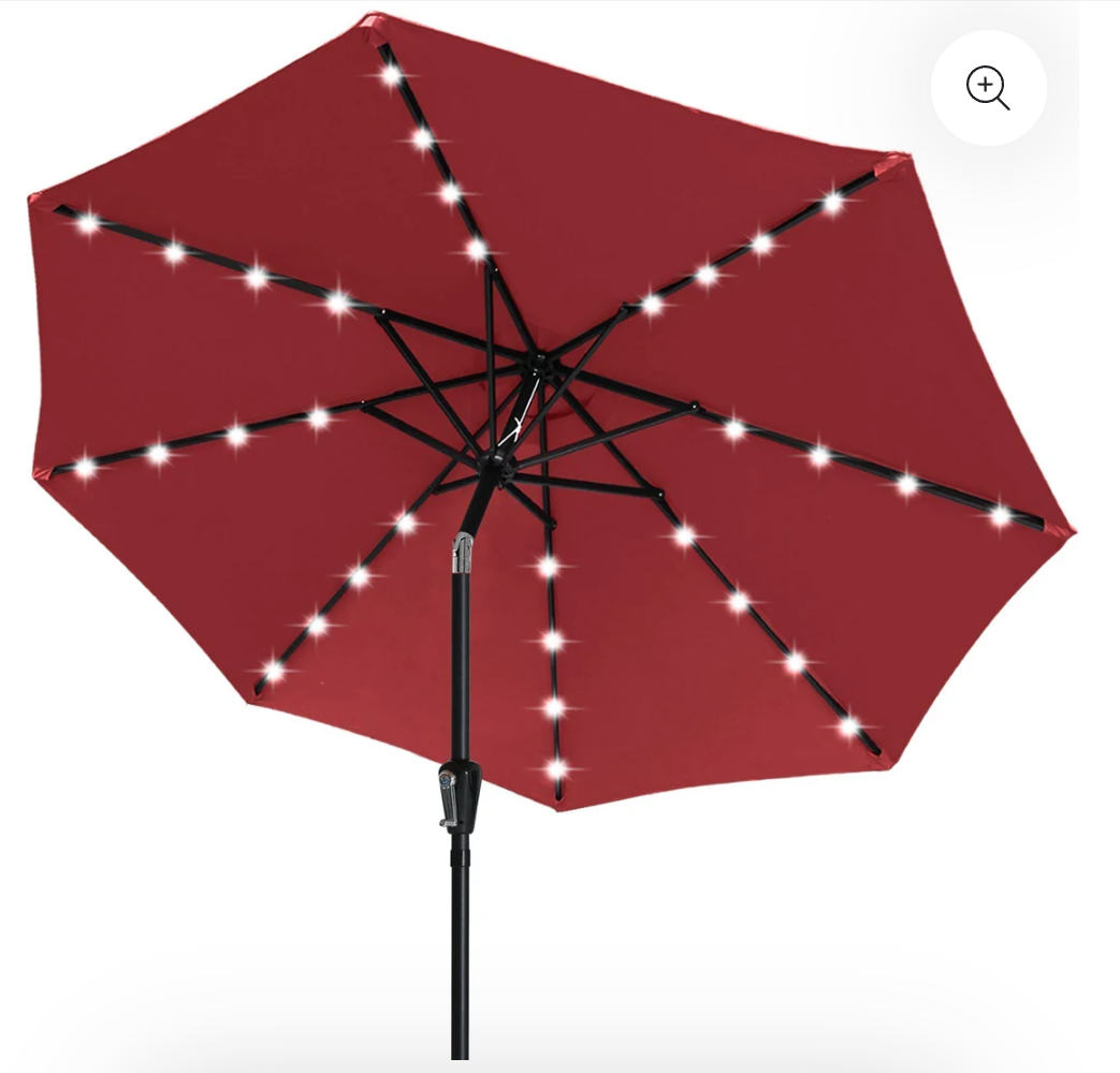 JEAREY 9FT Outdoor Patio Umbrella with Solar Lights, LED Lighted Pool Umbrella with Tilt and Crank, Outdoor Table Umbrellas for Deck, Yard & Market (Burgundy)