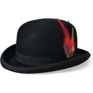 Mens Bowler Hat 100% Wool Black Womens Derby Hats with Feather Costume Hats Short Brim Felt Fedora Hat Dress Up