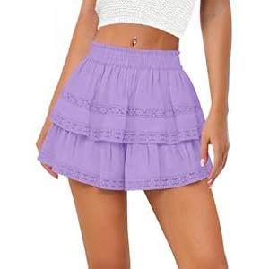 MIYIEONZ Women's Flowy Summer Shorts for Women Lace Layered Ruffle Pleated High Waist Mini Skirts Casual Swing Small Purple Beach Skorts