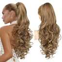 REECHO Ponytail Extension, 24" Claw Clip in Long Curly Wavy Ponytail Hair Extension Jaw Clip on Pony Tails Hairpiece for Women - Light Brown with Highlights