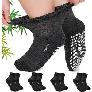 CaiDieNu Non Slip Diabetic Ankle Socks: Bamboo Viscose Non Binding Hospital Socks with Grip for Women Men Elderly Edema 4 Pairs 9-15 Black, Extra Large