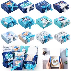 Cholemy 36 Pcs Christmas Kraft Gift Boxes with Lids Bulk Small Gift Boxes with Bow Empty for Xmas Proposal Christmas Holiday Presents Packaging(Blue,Snowman)