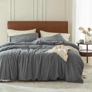 FOSSA Duvet Cover Set 100% Washed Cotton 3 Pieces Bedding Set Twill Soft Cozy Breathable Sturdy Substantial with Textured Weave Solid Blueish Grey Full/Double (Full (80"  90"))