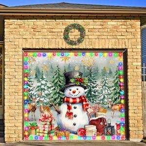 FuWeave 7x8 ft Christmas Garage Door Banner Cover with LED String Light Battery BoxOutdoor Large Snowman Garage Door Decors,2025 Winter Snowman Backdrop for Wall House Party Decor