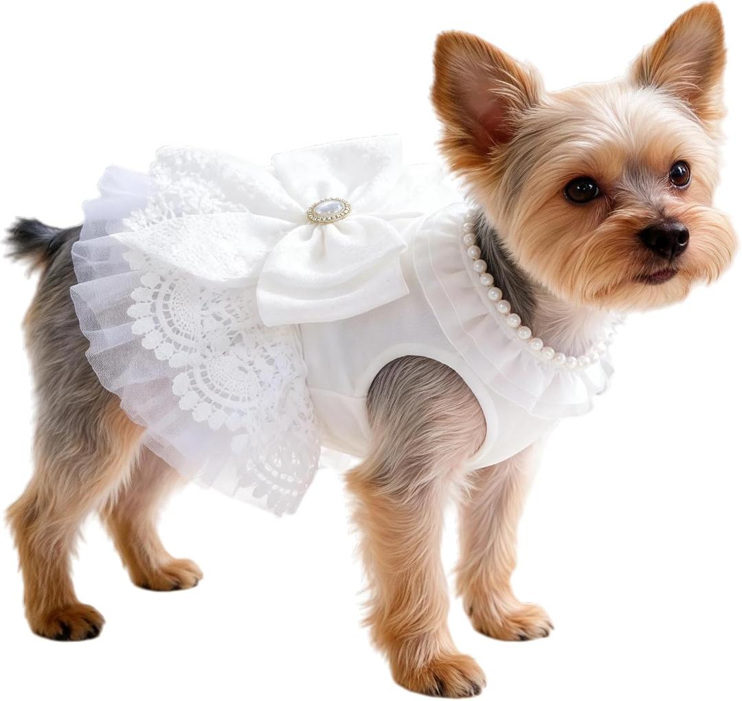 Luxury White Dog Wedding Dress with Pearl & Lace Tutu - Elegant Princess Outfit for Small Dogs/Cats, Ideal for Weddings, Birthdays, Photoshoots - M