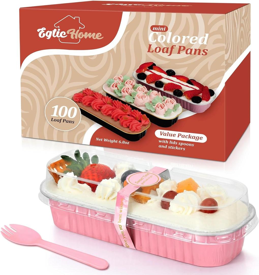 Mini Loaf Pans with Lids and Spoons (100 Pack, Pink, 6.8oz) Rectangular Aluminum Foil Baking Pans