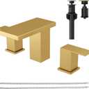 Hoimpro 8 Inch Brushed Gold Widespread Waterfall Bathroom Sink Faucet, Square Two Handle Vanity Bathroom Faucet with cUPC Supply Hose, 3 Holes Faucet with Pop Up Drain, Stainless Steel