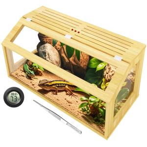 30 Gallon Reptile Tank, Wooden Bearded Dragon Terrarium Tank with Top Ventilation, Large Reptile Enclosure for Snake, Lizard, and Leopard Gecko, Includes Feeding Tongs, 32" L x 16" W x 16" H