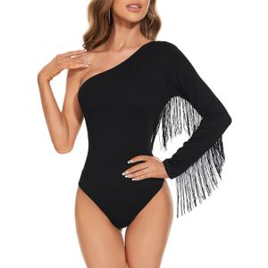 American Trends Women's Fringe Trim One Shoulder Long Sleeve Body Suits Concert Outfits Long Sleeve Bodysuit Tank Top (X-Large, 01 Shoulder Black)