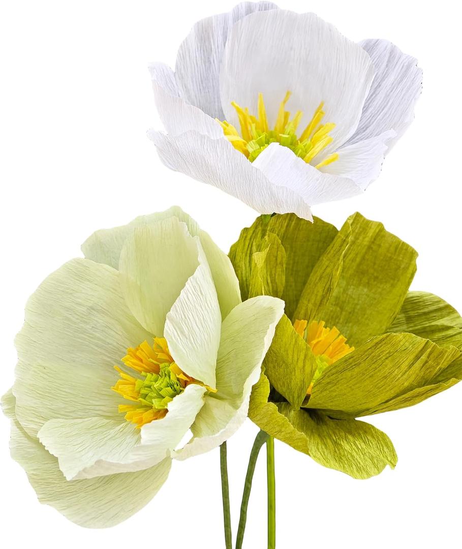 Sage Green White Crepe Paper Poppy Flower DIY Making Kit for Home Table Decor Gift Craft 24 pcs