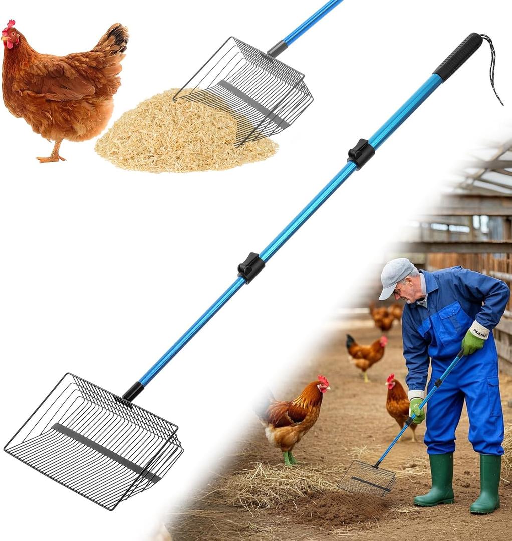 Chicken Poop Scooper & Rake: Stainless Steel Heavy Duty Litter Scooper Sand Sifter Shovel with Adjustable Handle for Chicken Coop & Pet Waste Cleaning (22"-41") | Chicken Essentials