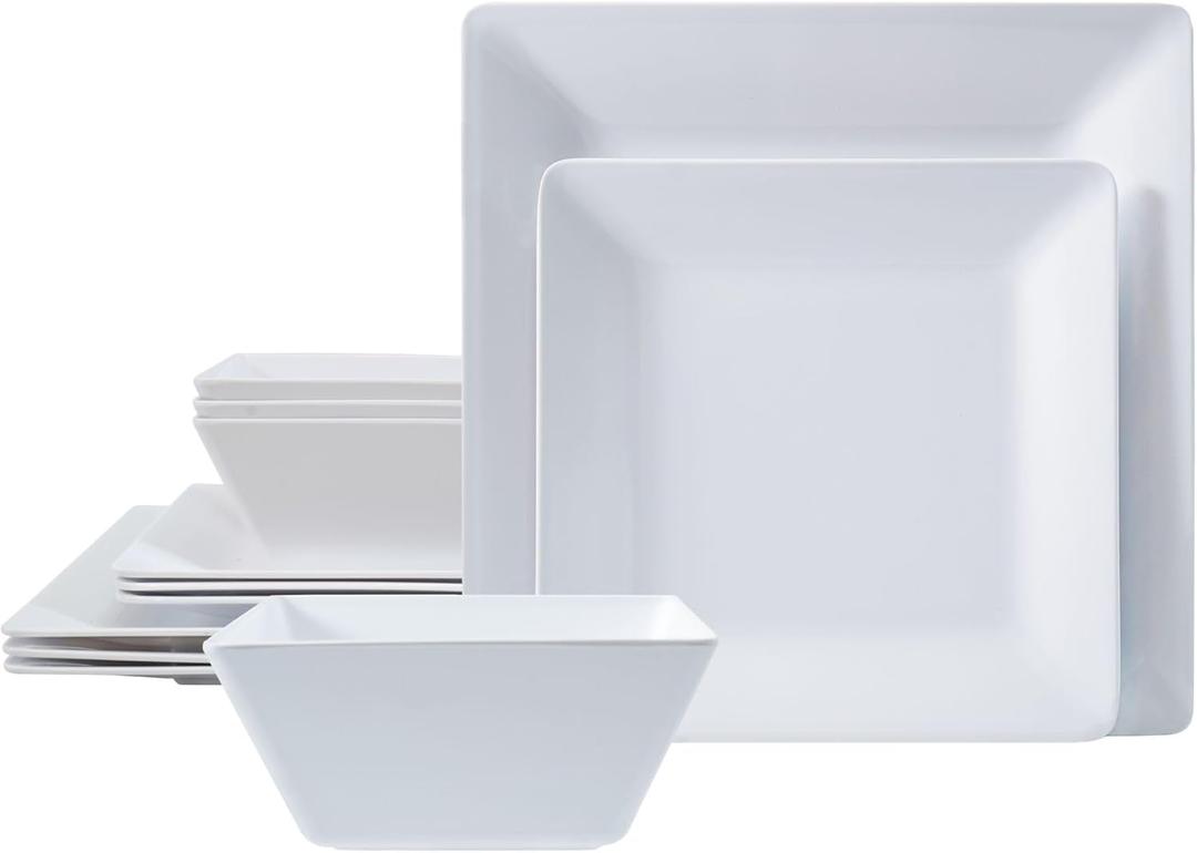 TP 12-Piece Melamine Dinnerware Sets, Plates and Bowls Dishes Set for 4, Break-Resistant & Non-Microwavable, Lightweight Square Dinner Plates, White