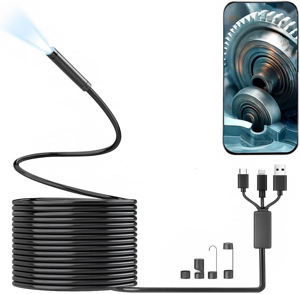 Endoscope Camera with Light for iPhone and Android, 16.5ft Semi-Rigid Snake Camera, 1920P Borescope with 8 Adjustable LED Lights, 8mm Diameter IP67 Waterproof Endoscope (Black)