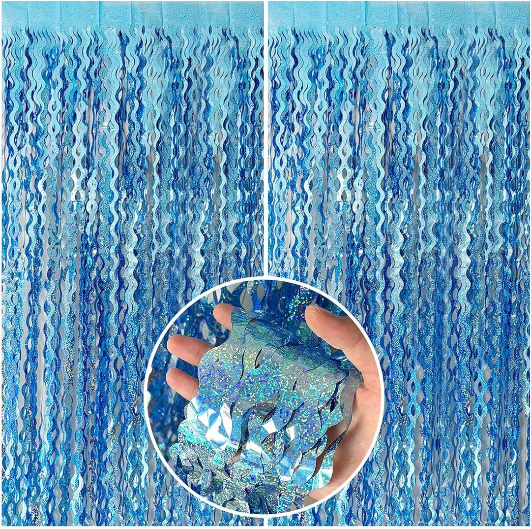Tinsel Foil Fringe Curtains Wavy Backdrop for Parties Sparkle Metallic Wavy Foil Fringe Backdrop Curtain for Party Decorations Photo Booth Props for Birthday Graduation Wedding (2 Pack, Light Blue)