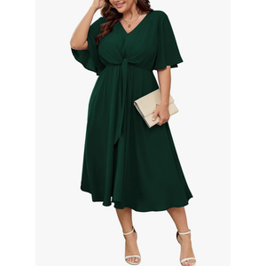 SCOMCHIC Women Plus Size Midi Dresses Wedding Guest Short Sleeve V Neck Tie Waist Casual Summer Flowy A Line Dress, 3 XL