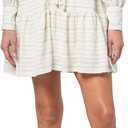 BCBG Women's Long Sleeve Collared A-Line Mini Dress with Tie Belt, Whisper White/Black, 12