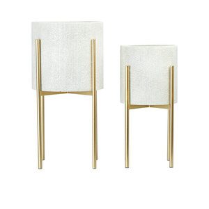 Main + Mesa Modern Boho Embossed Metal Planters with Stands, White and Gold, Set of 2 Sizes