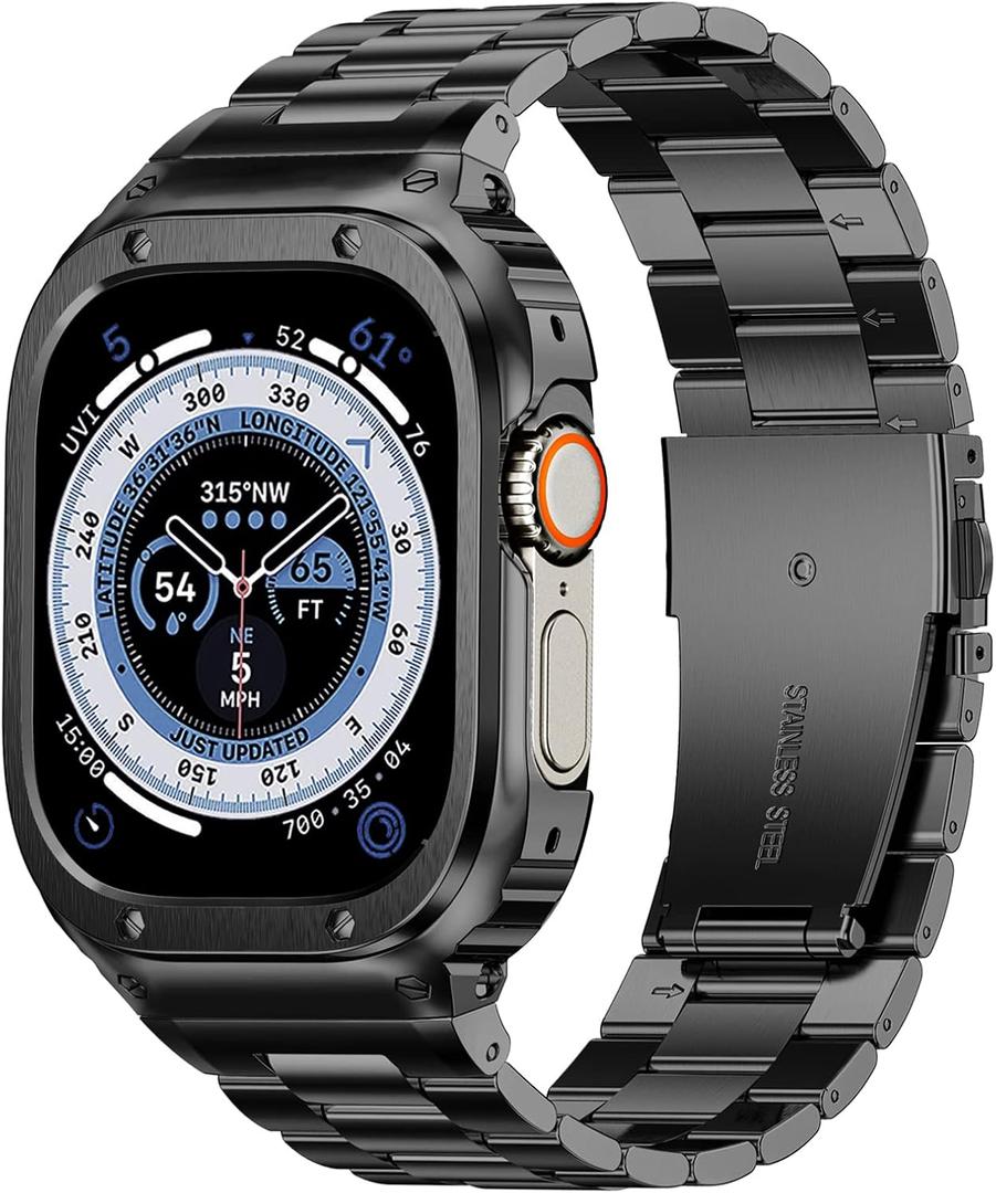 MioHHR Stainless Steel Band and Case Compatible with Apple Watch Band 49mm, Men Metal Protective Bumper Cover for iWatch Series Ultra 3/2/1, Black