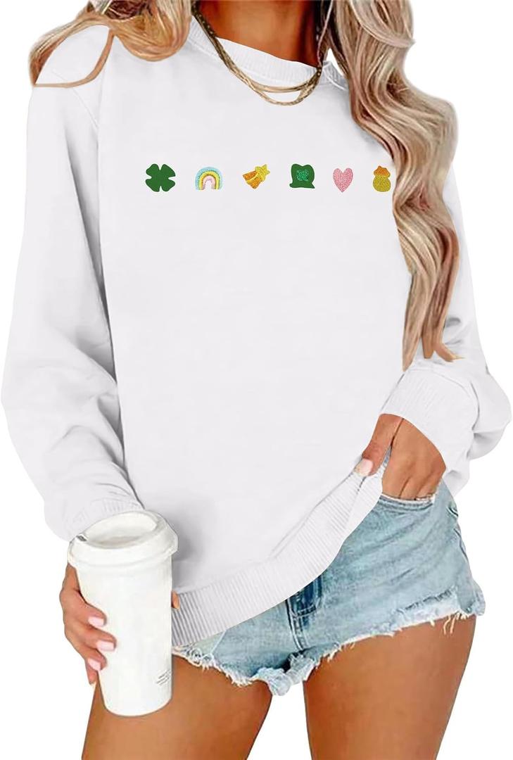 St Patricks Day Sweatshirt Women Shamrock Embroidery Sweatshirts St Patricks Day Shirt Casual Lucky Patch Pullover Tops, XL