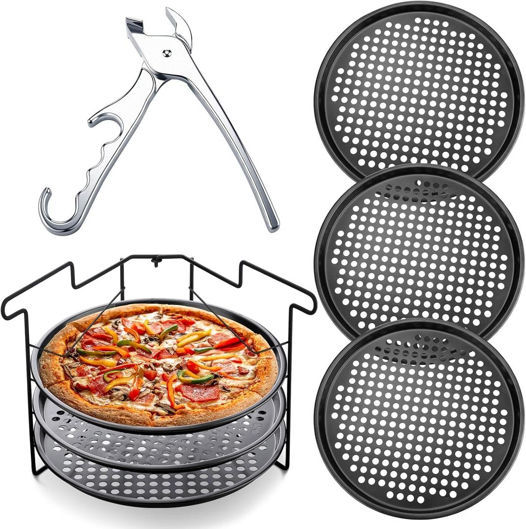 Maxdot 5 Pcs Pizza Baking Tray Set 3 Pcs 12.6" Perforated Pizza Pans with Holes 1 Folding Pizza Rack Non Stick Pizza Stand 1 Pizza Pan Gripper for Oven Grill Baking Accessories Home Restaurant Party