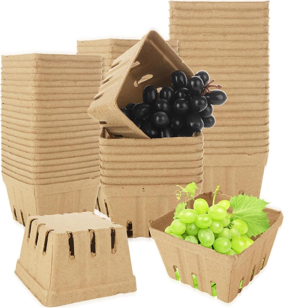 MIVIDE 100 Pack Natural Pulp Fiber Berry Basket, Strawberry Baskets Molded Berry Basket Farmers Market Produce Baskets Container for Strawberry Blueberry Raspberry Vegetable