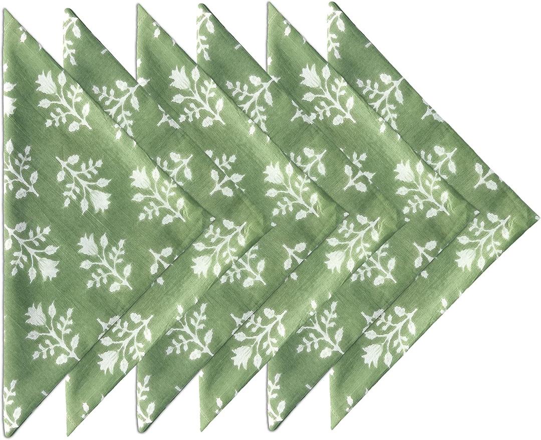 Craftbot Soft Cotton Dinner Napkins 18x18 inches - Washable Thin Cloth Napkins Set of 6 - Everyday Use or Dinner Party and Events - Sage Green Floral Pattern Lightweight Indian Block Print Fabric