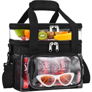 Double -Deck Clear Lunch Bag for Work with Adjustable Shoulder Strap and Top Compartment for Work, Picnic, Beach, School
