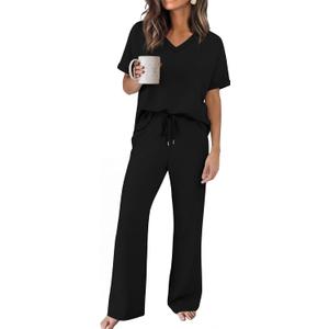 Sampeel Lounge Sets for Women V Neck Turn-UP Sleeves Tops Wide Leg Pants 2 Piece Sets Oversized Summer Vacation Outfits 2026, Medium
