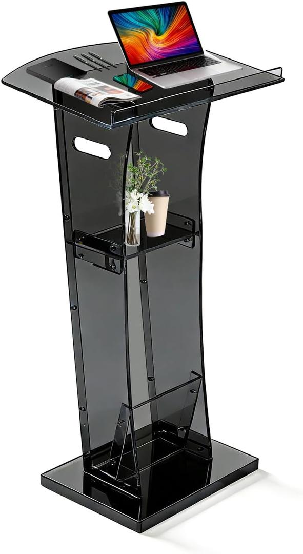 43" Semi-Transparent Black Acrylic Podium&Lectern Stand Portable with Storage Shelf, pulpits for Churches, for Speech, for Presentation, Shtender