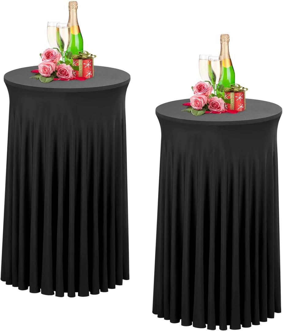 Babenest 24"x 43" Round Cocktail Table Skirt, 2 Pack Spandex Stretch Round Tablecloths with Natural Wavy Drapes, Fitted High Top Bar Cocktail Table Covers for Wedding Party Birthday Banquet (Black) (Black)