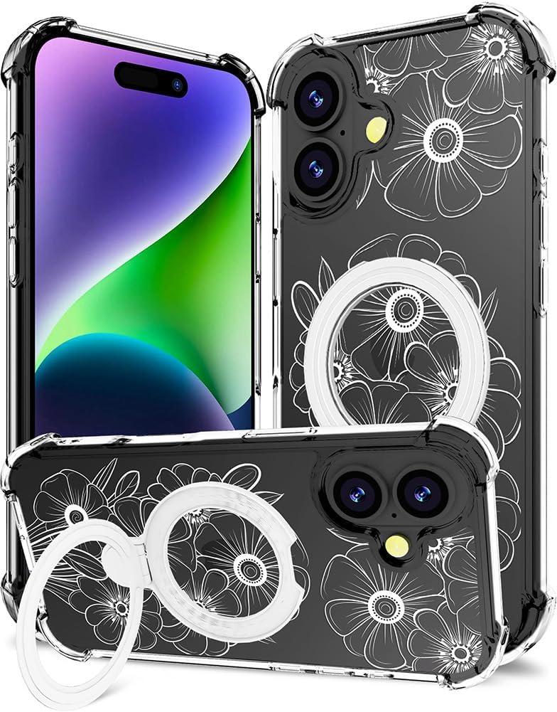 for iPhone 17 Case Magnetic Clear Design,Compatible with MagSafe,Kickstand Vertical/Horizontal,Shockproof Airbag Bumpers Phone Cover - White Lovely Round Flower