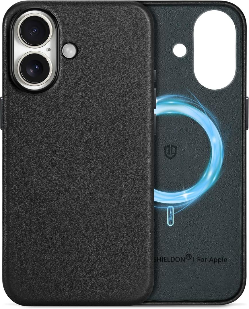 SHIELDON Genuine Leather Case for iPhone 17 6.3 Inch 2025 | Compatible with Magsafe, Magnetic Wireless Charging, Anti-Scratch, Shockproof, Metal Buttons, Camera Bezel, Protective Phone Cover - Black