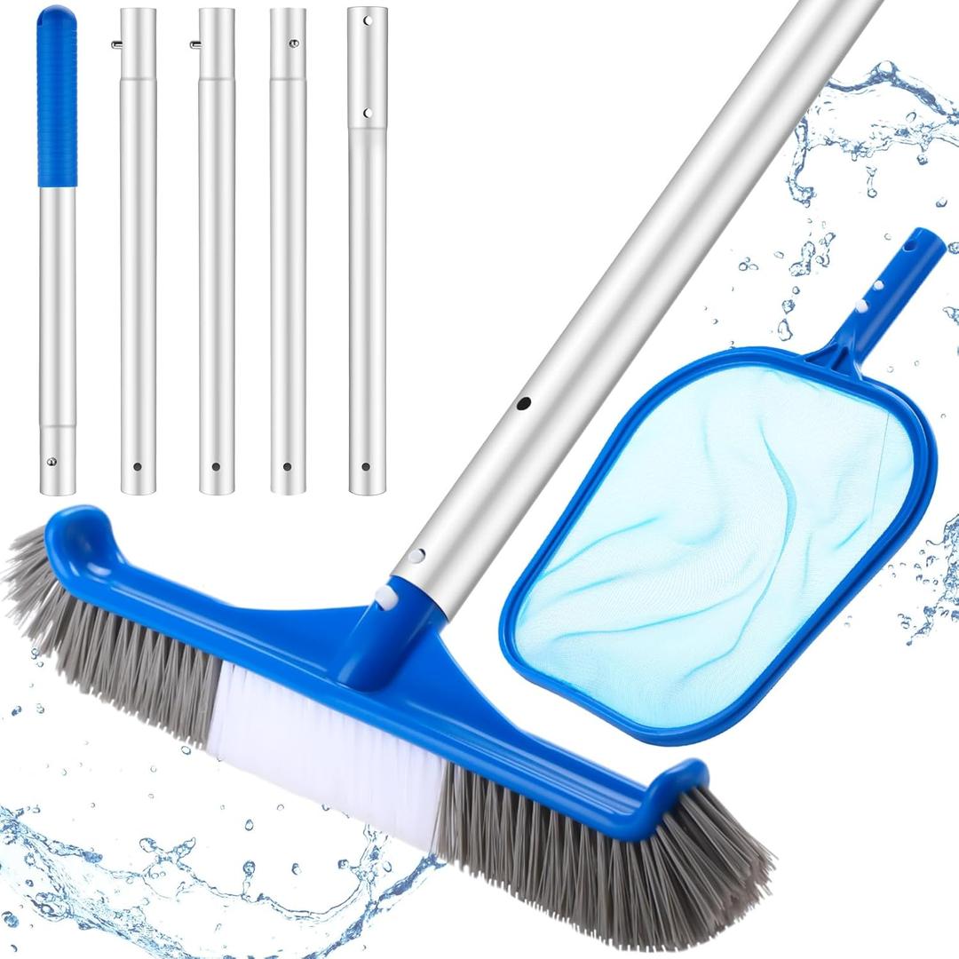Set of 3 Pool Cleaning Kit with Hand Skimmer Net, 47.24" Aluminum Pole and 17.5" Pool Brush Maintenance Accessory Tool for Inflatable Pool Home Tubs Spa
