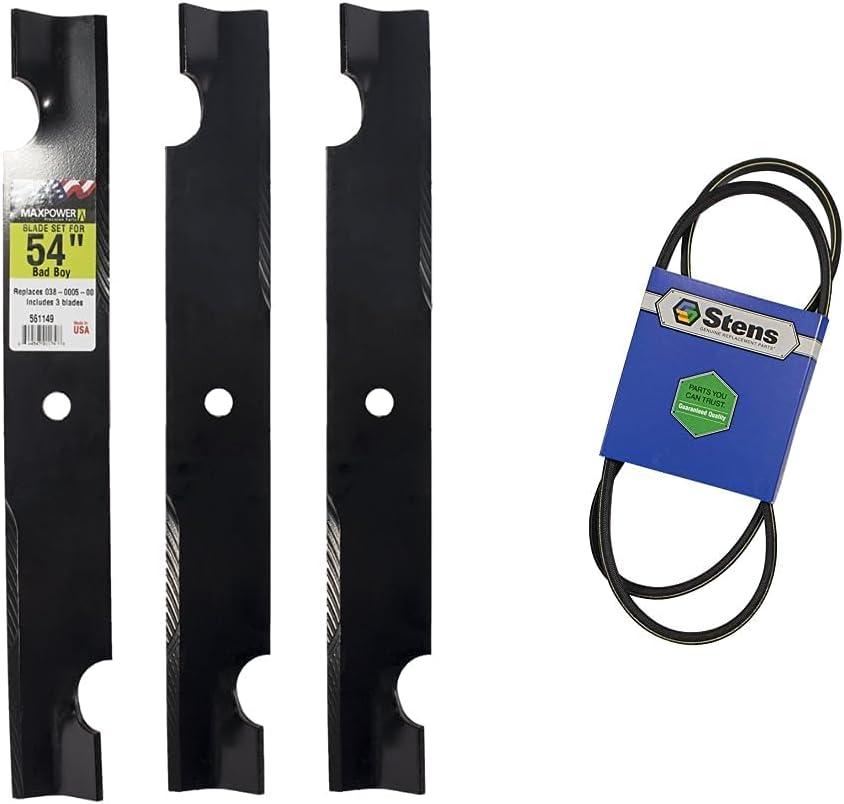 Maxpower 561149B 3 Blade Set for 54" Cut Bad Boy Mowers, Replaces OEM no. 038-0005-00, Black & Stens New OEM Replacement Belt 266-164 Compatible with Bad Boy CZT, MZ