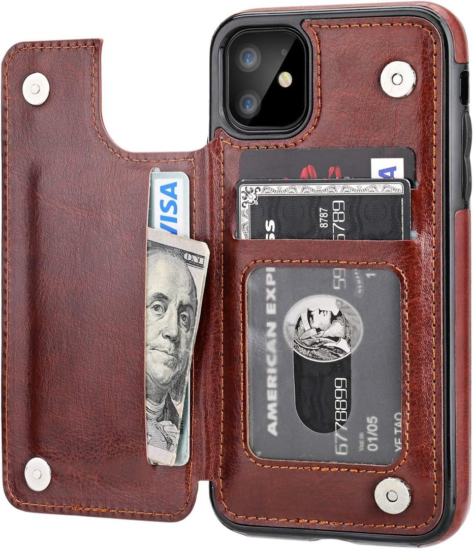 for iPhone 11 Wallet Case with Card Holder,OT ONETOP PU Leather Kickstand Card Slots Case,Double Magnetic Clasp and Durable Shockproof Cover for iPhone 11 6.1 Inch(Brown)