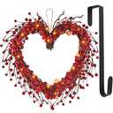 DR.DUDU Valentine's Day Wreath, 15" LED Lighted Red Berry Heart Shaped Valentines Wreaths for Front Door, Battery Operated Artificial Wreaths Home Decoration for Outdoor Indoor Wall Mantel