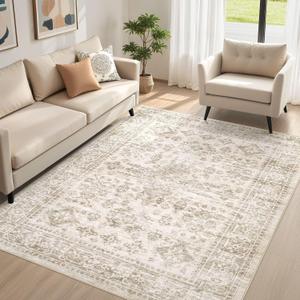 5x7 Area Rug for Living Room, Washable Vintage Pattern, Non-Slip Stain Resistant Soft Durable Floor Rug for Bedroom & Dining Room - (Light Brown & Beige)
