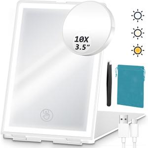 3 x Travel Makeup Mirror with Lights Valentines Day Gifts for Her, Girlfriend, Wife, Birthday Gifts Rechargeable Portable Folding Compact LED Mirror Set with Tweezer 3 Color Light Modes