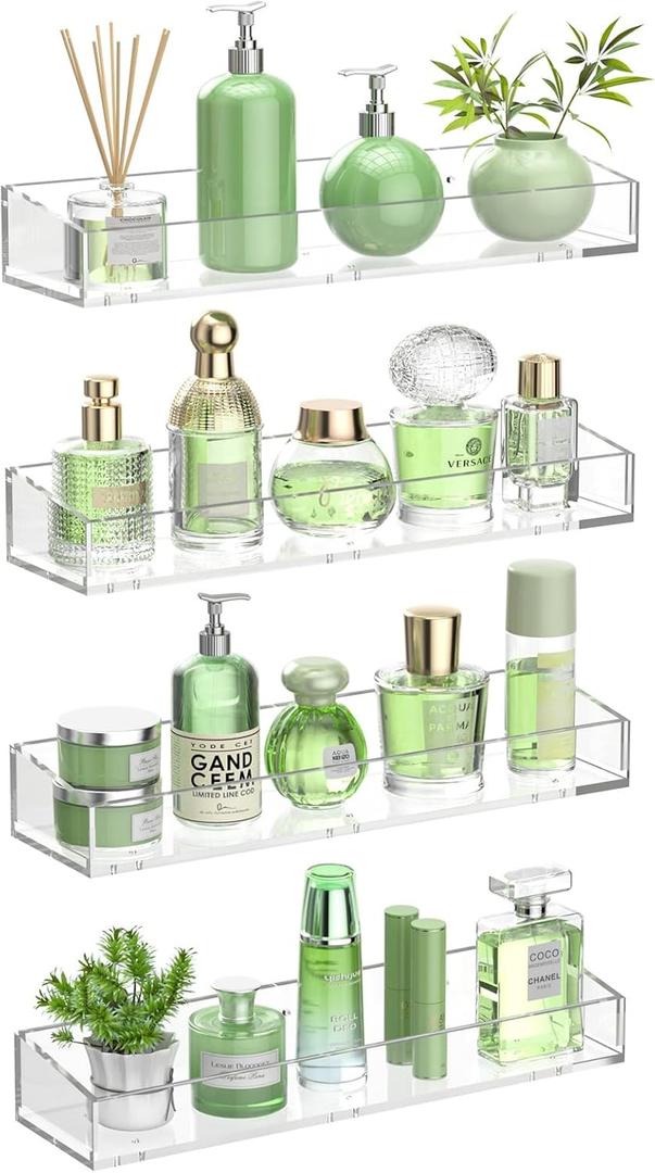 4PCS Acrylic Floating Shelves for Wall, 15" Clear Acrylic Shelves, Bathroom Shelf with Two Types of Installation, Space Saving Hanging Wall Shelf for Bathroom, Living Room, Bedroom, Kitchen