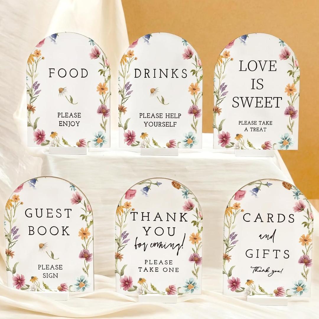 Vercraft 6 Pcs Wildflower Wedding Wood Table Decorations Take One Sign Thank You Acrylic Sign Centerpieces with Stand 5 x 7" Wedding Birthday Party Decorations for Guests Gifts