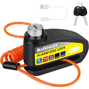 Motorcycle Lock Rechargeable, 120dB Alarm Disc Brake Locks Anti-Theft Security Wheel Disc Lock Waterproof with 5ft Reminder Cable and Carry Pouch for Motorbike Bike Scooter (Black)