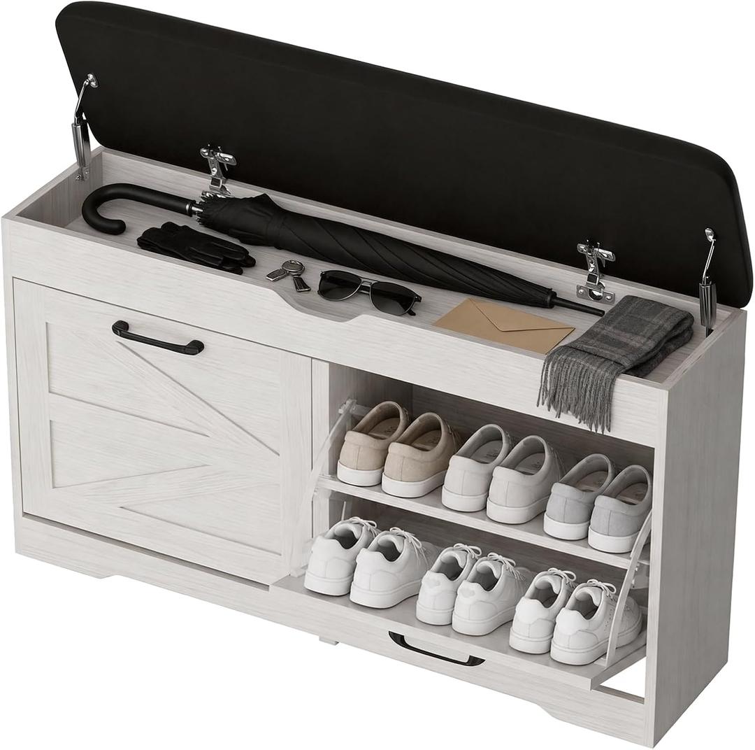 39" Shoe Storage Bench with Seat Cushion, Wood, Ash White
8-Pair Shoe Capacity, 2 Doors, Comfortable Seating, Space-saving, Narrow Entryway Bench Ideal for Foyer, 330 lb Capacity