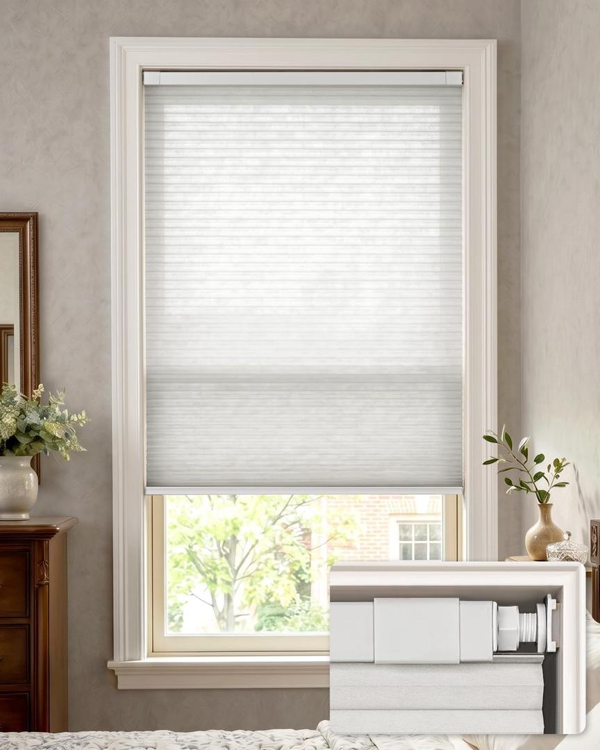 LazBlinds No Drill Light Filtering Cellular Shades, 28" W x 64" H, White | No Tools Cordless Honeycomb Blinds Thermal Insulated, Noise Reducing Window Blinds for Home, Easy Install