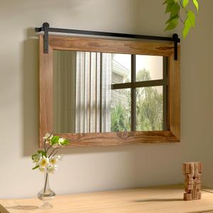 COGOOD Farmhouse Barn Door Mirror - 29" x 22" Rustic Wood Framed Wall Mirror for Bathroom, Living Room, Entryway Wall Decor (Brown)