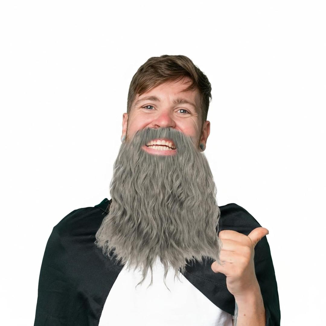 Grey Beard Wig, 12 in Long Curly Wizard Beard with Elastic Band, Old Man Fake Costume Beards for Theater Cosplay, Dress up Fun, Halloween and Christmas Party