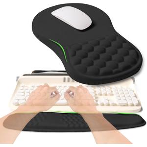 2-in-1 Ergonomic Set, Wave Rise Keyboard Wrist Rest and Massage Bulge Slope Mouse Pad Wrist Support, Cushion Memory Foam Integrated to Relieve Wrist Pain, Black