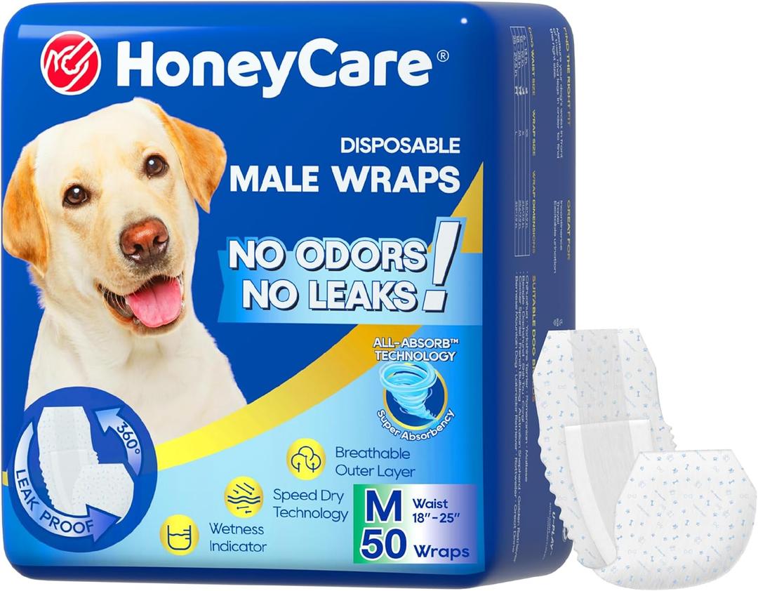 HONEY CARE All-Absorb A25 Male Dog Wrap, 50 Count, Medium, White