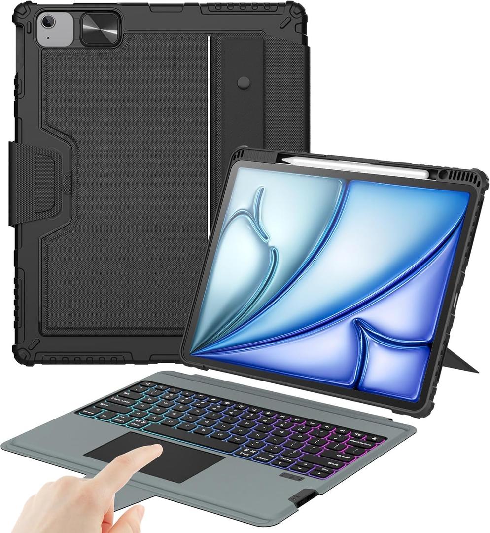Nillkin Keyboard Case for iPad Air 13-inch (M3 2025/M2 2024), iPad Pro 12.9-inch (6th/5th/4th/3rd Gen) Rugged Case with Detachable Keyboard, Magic Trackpad, 7-Color Backlit, Portrait/Landscape, Black (12.9''/13'' for Air 13'', Pro 12.9'' 3rd-6th Gen)