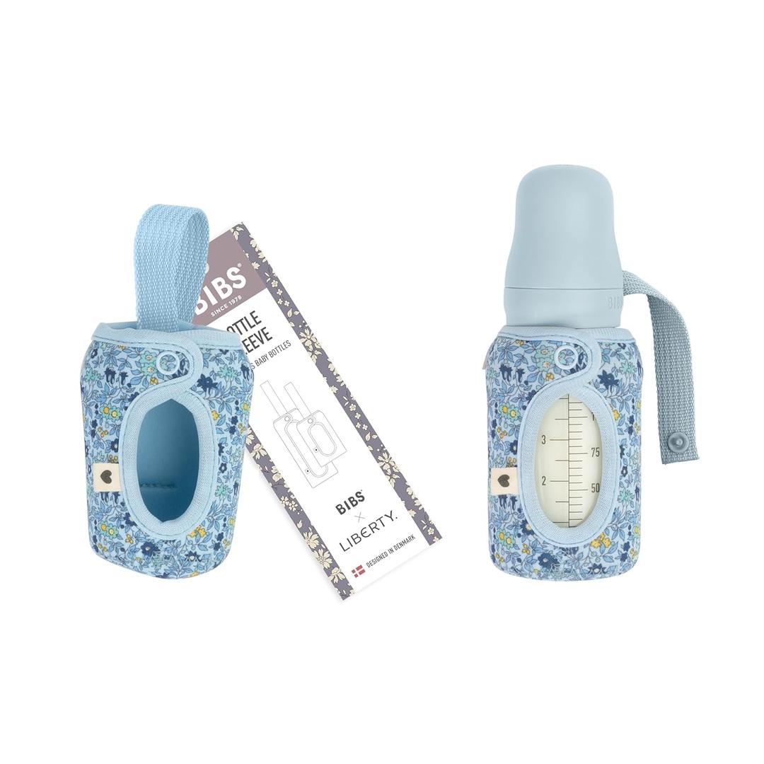BIBS x Liberty Baby Bottle Cover Small 110ml - Neoprene Protective Cover for BIBS Bottles - Liberty Print Design, Small, Charmomile Lawn Baby Blue